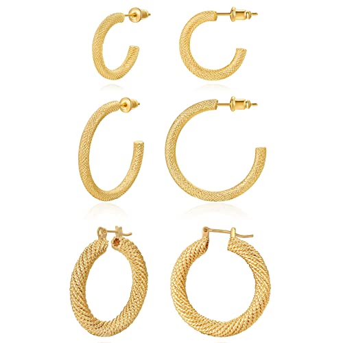 3 Pair 14K Gold Plated Lightweight Chunky Gold Hoop Earrings For Women,Small Gold Hoop Earrings,14K Gold Hoop Earrings,Gold Huggie Earrings,Gold Plated Hoop Earrings #TOP1