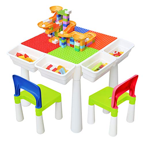 Kids 4-in-1 Multi Activity Build Table and 2 Chair Set 120 Pieces Large