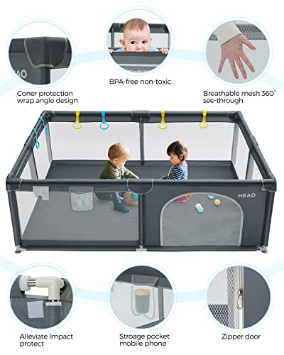 Heao 79X59” Baby Playpen Xxl Light Playard With Gate Travel Bag &30Pcs Pit Balls Indoor & Outdoor Toddler Playpen Sturdy Safety Baby Playard Dark Grey #TOP6