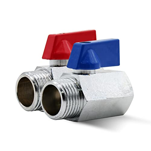 DOJA Barcelona | Mini Vanne Arret | 2 Robinet d'Arrêt 3/8” | PN16 Male-Femelle | Laiton | 2 Manettes Metal Bleu et Rouge | Vanne Quart de Tour pour Reducteur de...