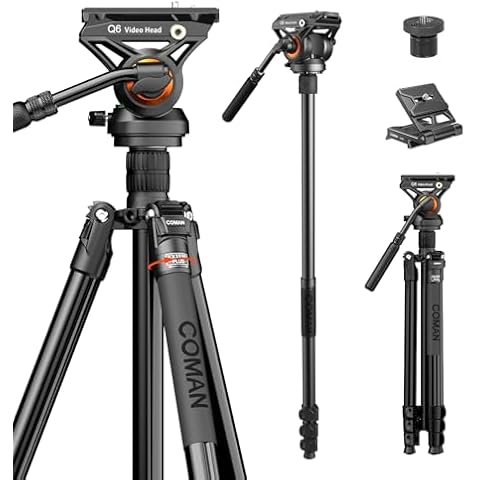 COMAN Fluid Head Tripod for DSLR Camcorder,Camera Monopod Tripod 360° Pan&+90°/-70° Tilt,New Q6 Fluid Head Aluminum Alloy QR Plate Compatible with DJI RS Gimbal Manfrotto Max Load 17.6lb Cover