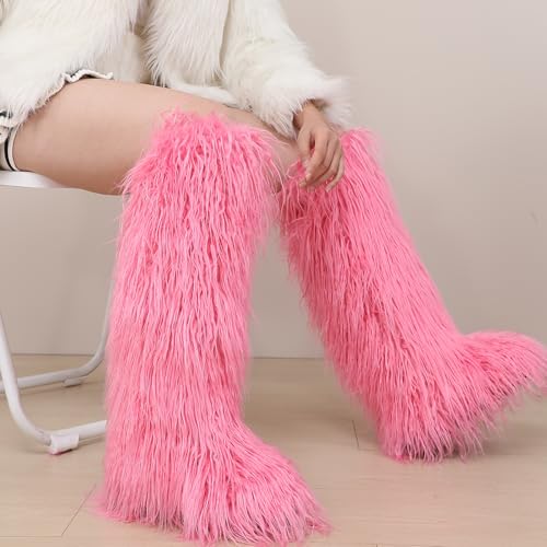 Image of Valpeak Faux Fur Tall Furry Boots for Womens,Long Winter Boots for Girls,Mongolian Fluffy Boots for Kids Fuzzy Knee-High Boots