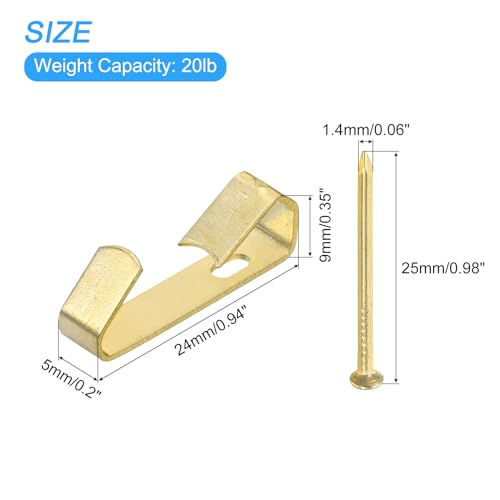 Image of uxcell Picture Hangers, 20Pcs 20lb - Metal Picture Hanging Kit with Nails, Picture Frame Hooks on Drywall Wooden Wall for Clock, House Decoration (Gold)