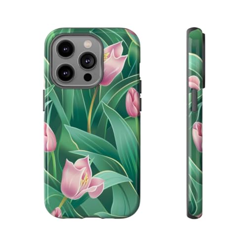 Coque rigide brillante motif floral tulipe rose compatible avec iPhone 14 Pro