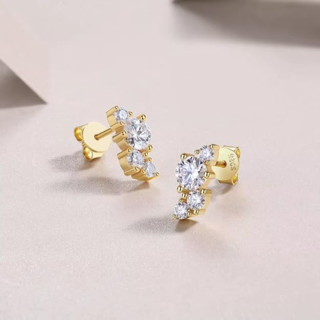 Moissanite Stud Earrings, 925 Sterling Silver, Gold Plated, Round Brilliant Cut, Claw Setting, 1.32 CTW, Women's Fine Jewelry