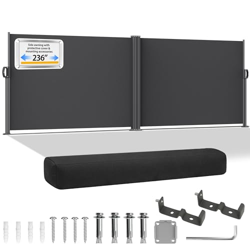 Image of HOMEDEMO Retractable Side Awning 236 inch x 71 inch, Double Side Awning with Privacy Screen Protection, Waterproof & UV-Resistant Outdoor Side Pull Shade for Patios, Balconies and Gardens, Carbon Gray