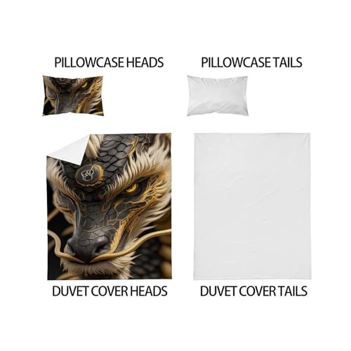 Housse de couette single dragon d'or microfibre animaux 3d 135x200cm