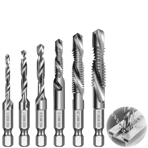 6 Pièces Ensemble Forets et Tarauds Combinés, Acier à Haute Vitesse, M3 M4 M5 M6 M8 M10, Revêtement Antirouille et Titane, Pour Métal, Bois et Plastique,...