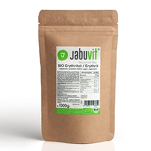 JabuVit- BIO Erythritol-Erythrit, BIO zertifiziertes Erythritol Pulver, für eine köstliche & kalorienarme Ernährung, 100g Erythrit besitzt 0Kcal, umweltschonende Verpackung, Made in Germany-1000g