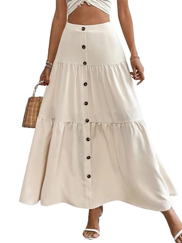 Women's Casual Elastic High Waist Button Tiered Ruffle Hem Long Maxi Skirt