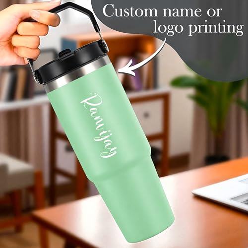 Image of SAVRI Personalized Stainless Steel Straw Tumbler (1200 ml) - Double Wall Vacuum Insulated Travel Mug with Lid & Straw, Custom Name & Logo Engraving. (900 ml Light Green Tumbler)