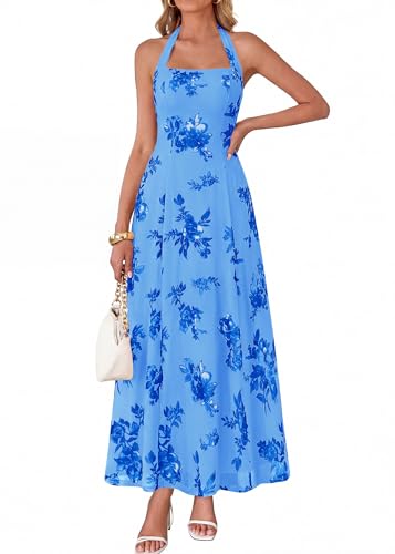 Image of KIRUNDO Women's Summer Long Halter Maxi Dress | Outer Tulle, Halter Top Tie Back, Sleeveless Floral Cocktail Beach Wedding Guest Dress, Mesh Flowy A Line Long Sundress