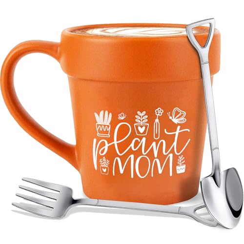 14oz Large Plant Mug With Shovel Spoon & Fork Easily Distracted By Plants Flower Pot Coffee Mug Gardening Mug - Handmade Plant Lover Gifts Idea for Women Grandma Mom Mothers Day Christmas