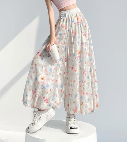 chouyatou Women's Vintage Floral Print Bubble Pants Y2k Baggy Culottes Wide Leg Palazzo Pants with Pockets2