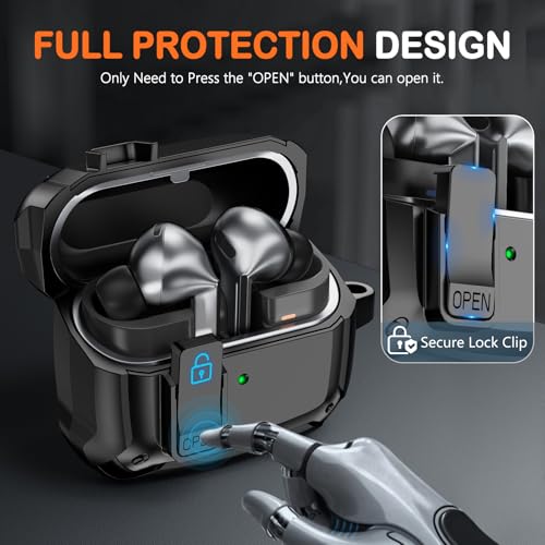 Polislime Compatible with Samsung Galaxy Buds 3 Pro Case(2024) / Buds3 FE (2025) / Buds 3 Case (2024) with Secure Lock Clip & Cleaning kit -Black