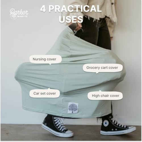 Image of Parker Baby 4 in 1 Car Seat Cover for Girls and Boys - Stretchy Carseat Canopy, Nursing Cover, Grocery Cart Cover, High Chair Cover - Sage