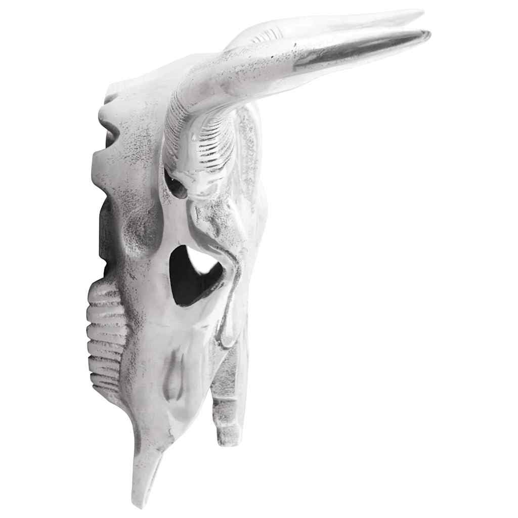 Bullen Schädel Skulptur Figur aus Aluminium, silberfarbenes Hochglanz Finish, 34 x 13 x 53 cm, 1 Stück, wandmontierte Deko für Wohnzimmer Büro Eingang Ambiente