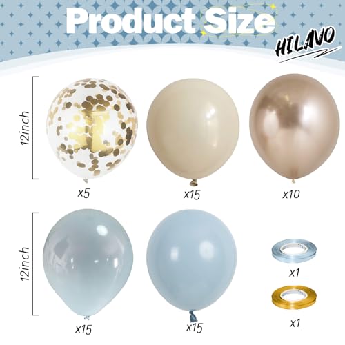Image of Dusty Blue Balloon Set, 60Pcs 12 Inch Slate Muted Baby Blue Fog Pastel Light Blue White Sand Balloon with Metallic Confetti Champagne Gold Balloons for Boy Birthday Party Baby Bridal Shower Decortaion
