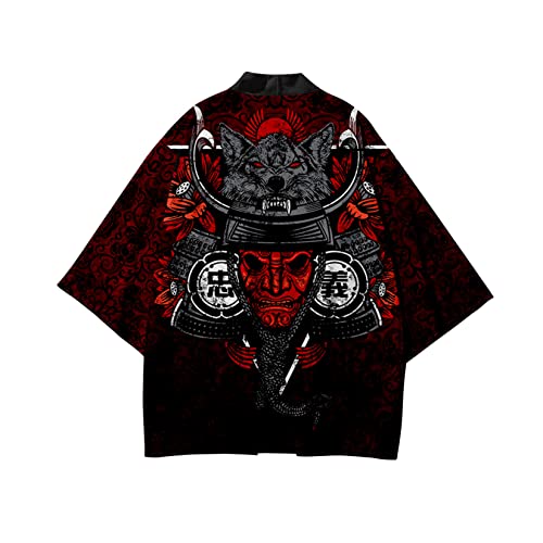 Image of DOSLAVIDA Men's Japanese Kimono Jacket Set Stylish Open Front Coat With Shorts Chinese Style Printed Cardigan Suit