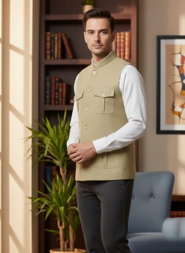 Image of LATEST CHIKAN Men's Nehru Jacket | Ethnic Waistcoat with Mandarin Collar | Premium Textured Fabric | Party, Wedding