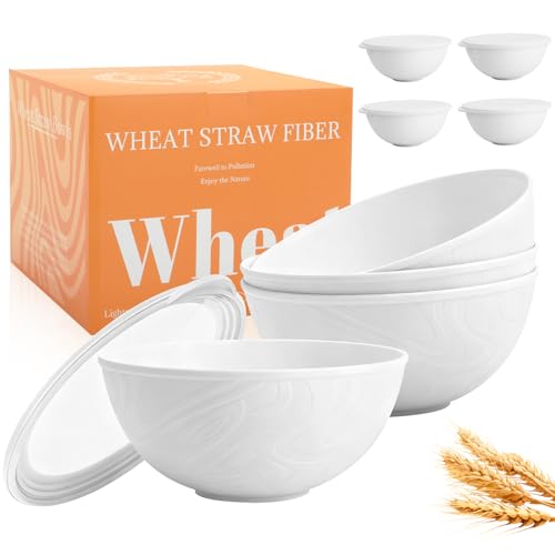 Image of Wheat Straw Bowls Set 40 OZ, Unbreakable Bowls with Dust-Proof Lids Set of 4, Microwave & Dishwasher Safe, Alternative Reusable Plastic Bowl for Cereal, Soup, Salad and Ramen, White