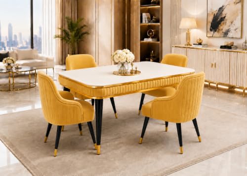 Image of WOODEN SPACE 4 Seater Wooden Dining Table Set | Urban Marble Top Dining Table with Chairs for Dining Room & Kitchen (Modern Zyro Yellow) (54 x 36 x 30 inch)
