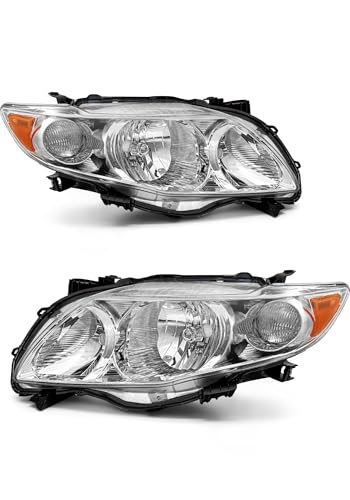 AXLAHA Headlight Assembly Compatible with 2009-2010 Toyota Corolla Base/CE/LE/XLE North America Built Clear Lens Chrome Housing Amber Reflector Driver & Passenger Side (Bulbs Not Included)