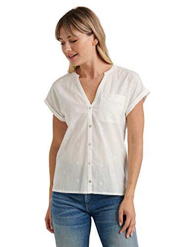 Lucky Brand Women's Short Sleeve V Neck Button Up Woven Mix Top, Lucky White, M