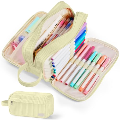 Image of Sooez High Capacity Pencil Case, Soft Corduroy Pencil Pouch with 4 Compartments, Multiple Pockets, Large Bag with Sturdy Zipper, Cute Case Pouch Organizer for Student Teen Girls, Yellow