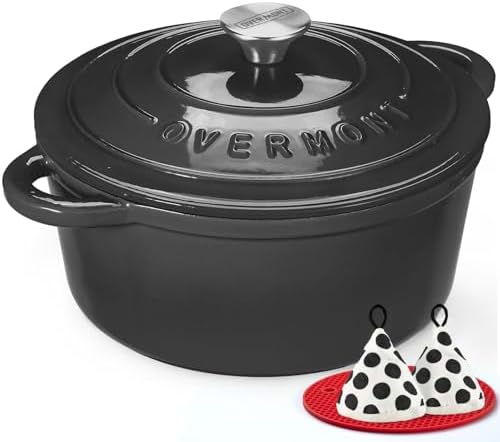 Overmont Bräter Emaille Gusseisen Topf - Schmortopf 26cm backofengeeignet - mit Deckel und Kochbuch - für Küche Backen Schmoren Braten