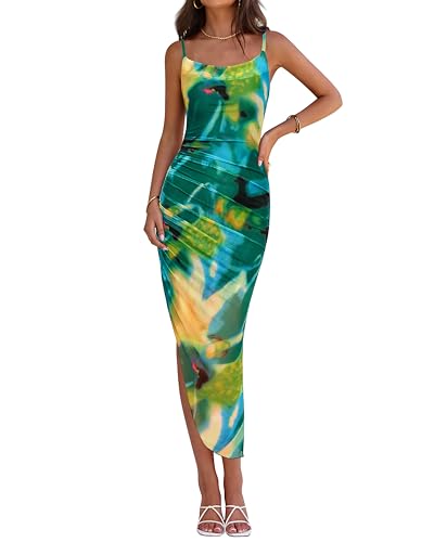 Image of PRETTYGARDEN Women 2025 Summer Mesh Dress Spaghetti Strap Cowl Neck Print Ruched Bodycon Dresses Asymmetrical Long Dress