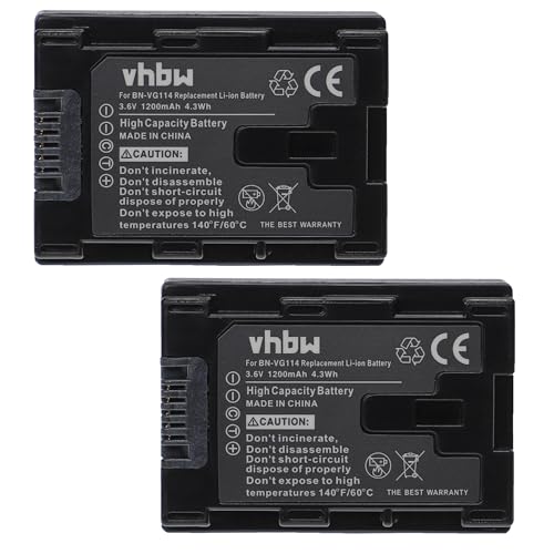 vhbw 2x batteria sostituisce JVC BN-VG114U, BN-VG114SU, BN-VG114, BN-VG114E, BN-VG114AC per videocamera camcorder (1200mAh, 3,6V, Li-Ion)