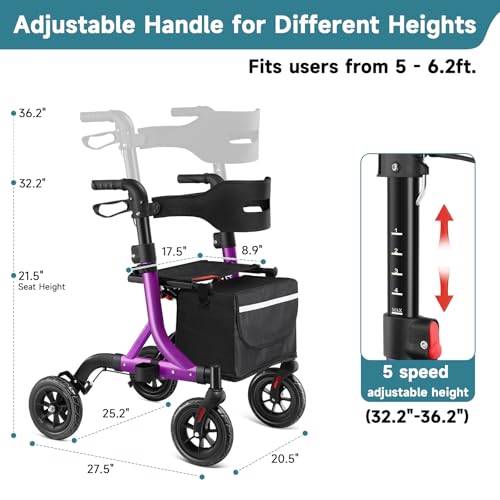 Image of MAXWALK Foldable Rollator Walkers for Seniors with Seat, 18 lb Lightweight | 8 inch All-Terrain Rubber Wheels, Aluminum Frame, Height Adjustable, Built-in Brake Cable, Cup Holder, Backrest, Easy Assembly