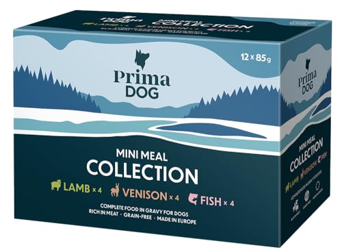 PrimaDog - Mini Meal Comida húmeda en Salsa para Perros, pienso Completo en Multipack, Paquete de 12 Unidades de 85 g Cada uno