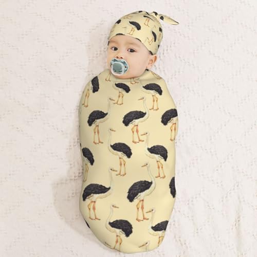 Image of Watercolor Cartoon Ostriches Newborn Swaddle Blankets Hat Sets Soft Baby Receiving Blanket Swaddle Sack for Baby Shower Infant Boy Girl Gift