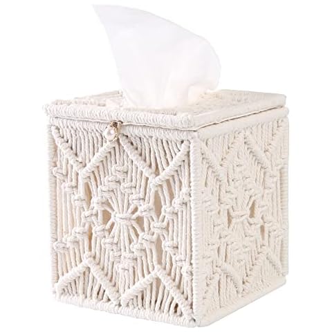 FEILANDUO Tissue Box Cover Boho Square Macrame Tissue Holders for Bathrooms Farmhouse Napkin Holder with Bead Buckle Woven Tissues Cube Box Dresser Organizer Decor Cover