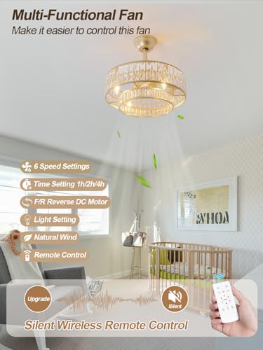 Image of Gold Fandelier Ceiling Fan with Light,20 inch Crystal Chandelier Ceiling Fans with Lights and Remote Control,Modern Caged Flush Mount Fandelier with 6 Speeds for Living Room Bedroom Nursery