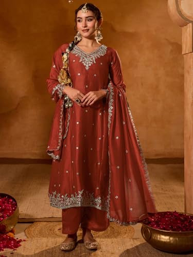 Image of Naixa Women's Vichitra Silk Embroidered A-Line Kurta with Pant and Dupatta Sets (NX-845)
