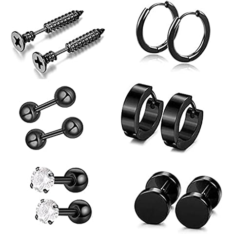 Gleamart 6 Pairs Black Stainless Steel Studs Round Ball Small Earrings Set for Women Men Cover