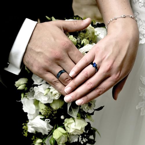 Personalized Black and Blue Wedding Rings Set for Him and Her Matching Promise Rings for Couples Engraved Name Rings for Couples Womens Blue Sapphire & Cubic Zirconia Ring4
