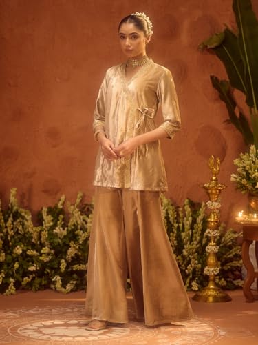 Image of FIORRA Women Beige Ice Velvet Embroidered Kurta Set with Dupatta