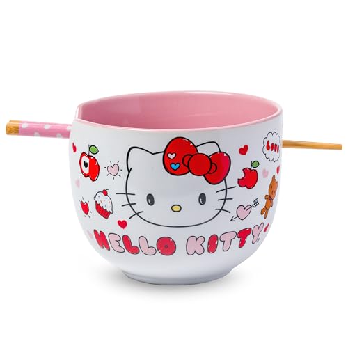 Image of Silver Buffalo Sanrio Hello Kitty Apples and Hearts Doodles Ceramic Ramen Noodle Rice Bowl with Chopsticks, Microwave Safe, 20 Ounces