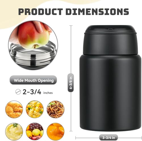 Image of Insulated Food Jar with Folding Spoon | 304 Stainless Steel Lunch Pot, Leak Resistant Wide Mouth Thermos for Hot & Cold Food | Soup Container for Office Travel (550ml, Black)