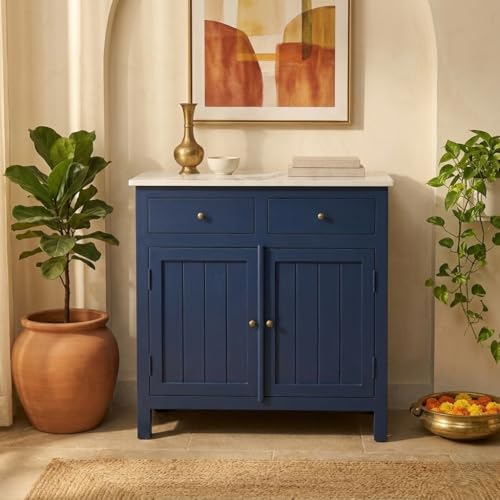 Image of Solid Wood Madrid Sideboard Cabinet (S) | Sideboard with Sintered Stone Top | Finish- Acrylic Midnight Blue