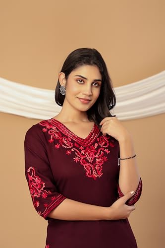 Image of Rayon Kashmiri Embroidered Short Kurti for Women | V-Neck Tunic Top with 3 /4 Sleeves | Floral Design Indo-Western Kurti for Jeans & Leggings