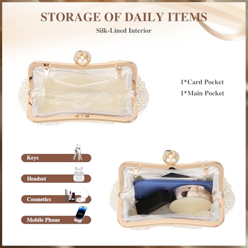 Image of UBORSE Women Pearl Clutch Bag Noble Crystal Beaded Evening Bag Wedding Clutch with Pearl Chain