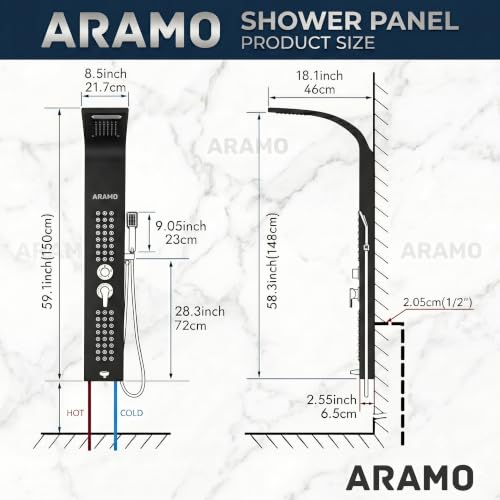 Image of ARAMO ?Brushed Shower Panel - Wave with Waterfall Shower, Massage Jet, 5 Water Functions (Black)