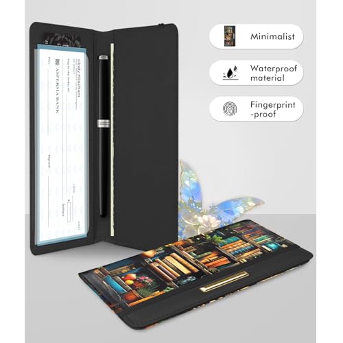 Image of Printed Checkbook Cover, RFID Blocking Checkbook, Stylish, Lightweight, Slim Durable, Multi-Functional Checkbook Holder for Personal and Business Checks (Bookshelf)