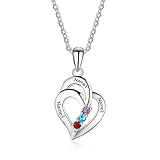 Personalized Love Heart Mothers Name Pendant Necklace with 3 5A Cubic Zirconia Birthstones Silver-Tone 18K Gold Plated Jewelry Gifts Necklace for Women Mom Wife Sister (silver)