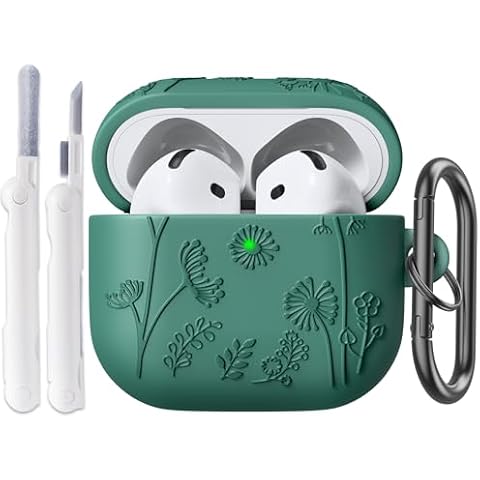 Compatible with Airpods 4 Case, QINGQING 3D Floral Embossed Soft Silicone Shockproof Protective Cover with Keychain for Women Girls (Green) Cover